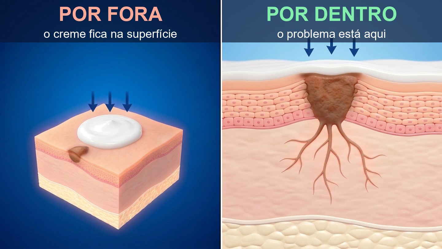 Por fora, o creme fica à superfície. Por dentro, o pigmento está nas camadas da pele, que é onde está o problema