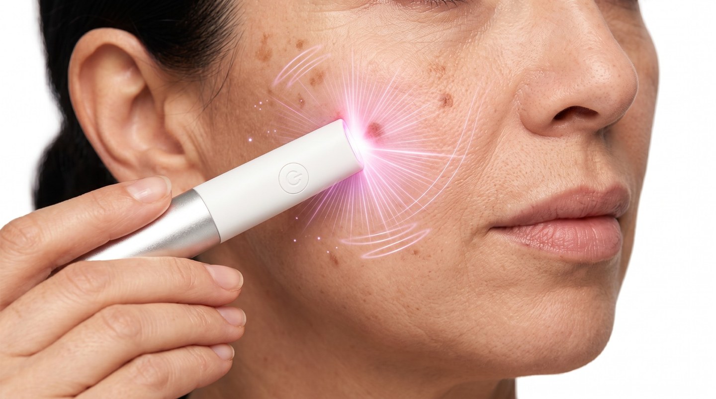 A Derma Pro a ser usada na bochecha, com a luz a espalhar-se pela pele
